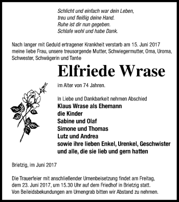 Traueranzeige von Elfriede Wrase von Pasewalker Zeitung