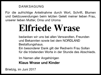 Traueranzeige von Elfriede Wrase von Pasewalker Zeitung