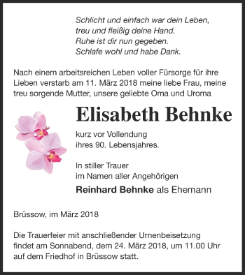 Traueranzeige von Elisabeth Behnke von Prenzlauer Zeitung