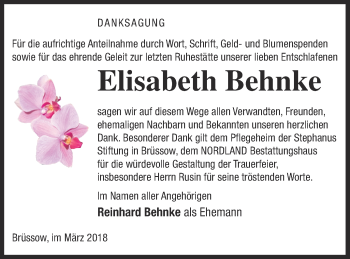 Traueranzeige von Elisabeth Behnke von Prenzlauer Zeitung