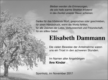 Traueranzeige von Elisabeth Dammann von Neubrandenburger Zeitung