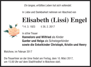 Traueranzeige von Elisabeth Engel von Müritz-Zeitung