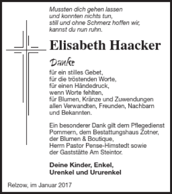 Traueranzeige von Elisabeth Haacker von Vorpommern Kurier