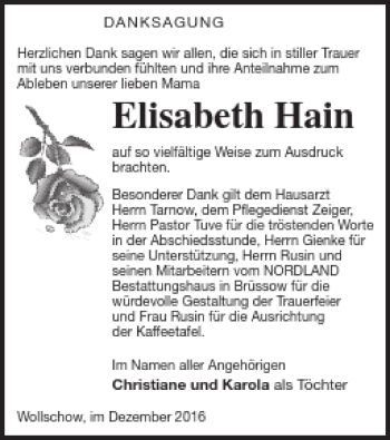 Traueranzeige von Elisabeth Hain von Pasewalker Zeitung