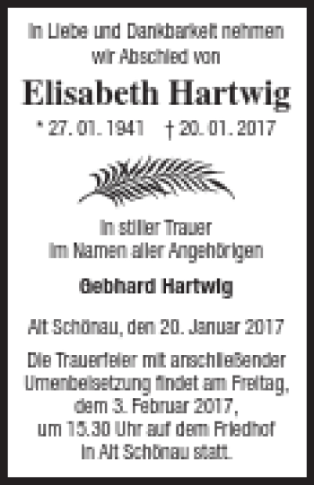 Traueranzeige von Elisabeth Hartwig von Müritz-Zeitung