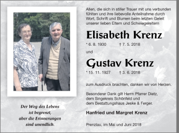 Traueranzeige von Elisabeth Krenz von Prenzlauer Zeitung