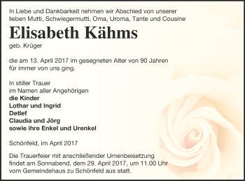 Traueranzeige von Elisabeth Kähms von Prenzlauer Zeitung