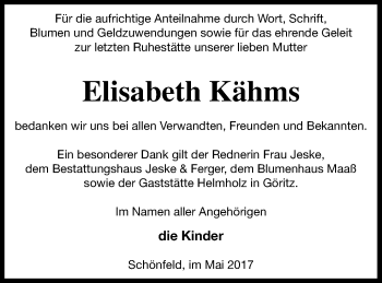 Traueranzeige von Elisabeth Kähms von Prenzlauer Zeitung