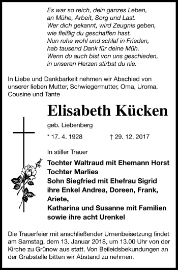 Traueranzeige von Elisabeth Kücken von Prenzlauer Zeitung