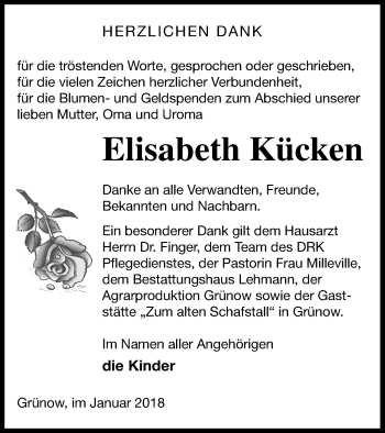 Traueranzeige von Elisabeth Kücken von Prenzlauer Zeitung