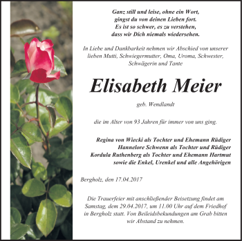 Traueranzeige von Elisabeth Meier von Pasewalker Zeitung