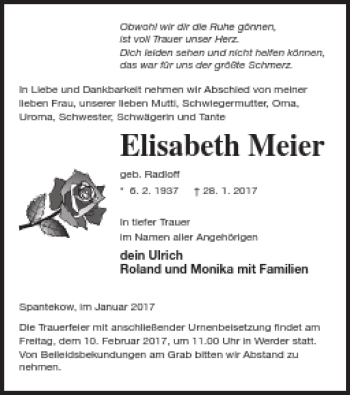 Traueranzeige von Elisabeth Meier von Vorpommern Kurier