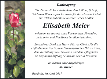 Traueranzeige von Elisabeth Meier von Pasewalker Zeitung