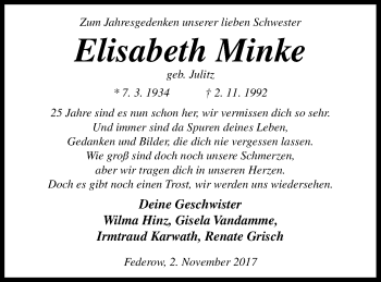 Traueranzeige von Elisabeth Minke von Müritz-Zeitung