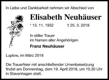 Traueranzeige von Elisabeth Neuhäuser von Neubrandenburger Zeitung