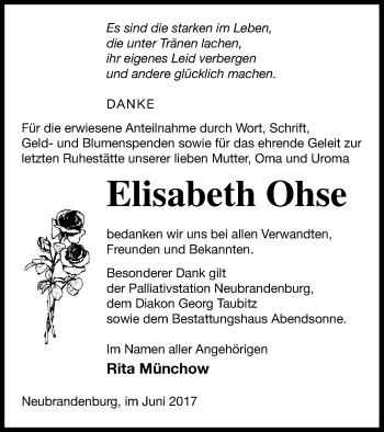 Traueranzeige von Elisabeth Ohse von Neubrandenburger Zeitung