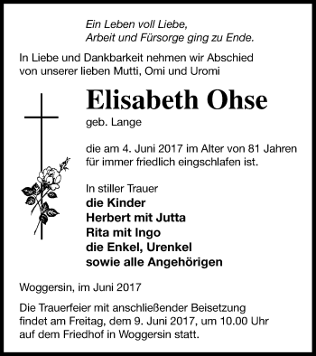 Traueranzeige von Elisabeth Ohse von Neubrandenburger Zeitung