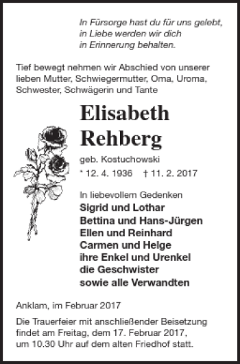 Traueranzeige von Elisabeth Rehberg von Vorpommern Kurier