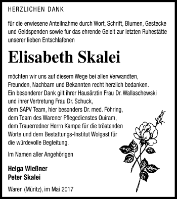 Traueranzeige von Elisabeth Skalei von Müritz-Zeitung