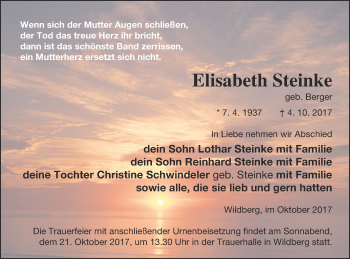 Traueranzeige von Elisabeth Steinke von Neubrandenburger Zeitung