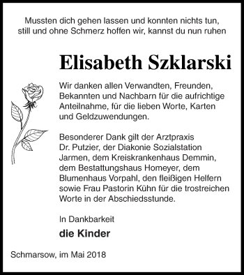 Traueranzeige von Elisabeth Szklarski von Vorpommern Kurier