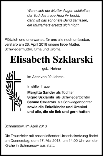 Traueranzeige von Elisabeth Szklarski von Vorpommern Kurier