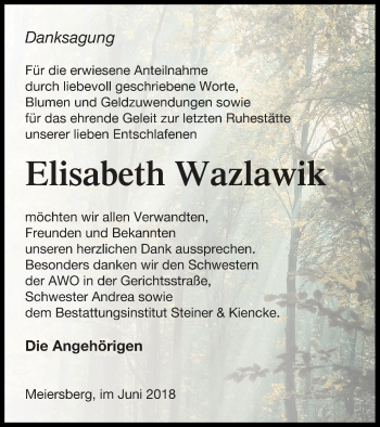 Traueranzeige von Elisabeth Wazlawik von Haff-Zeitung