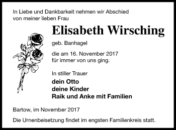 Traueranzeige von Elisabeth Wirsching von Neubrandenburger Zeitung