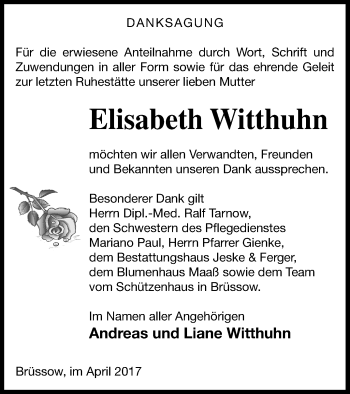 Traueranzeige von Elisabeth Witthuhn von Prenzlauer Zeitung