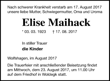 Traueranzeige von Elise Maihack von Prenzlauer Zeitung