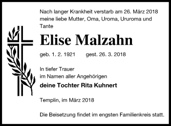 Traueranzeige von Elise Malzahn von Templiner Zeitung