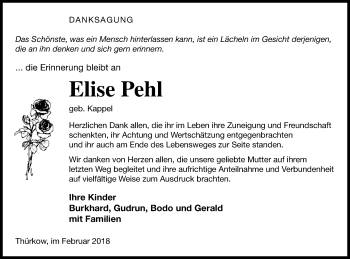 Traueranzeige von Elise Pehl von Mecklenburger Schweiz