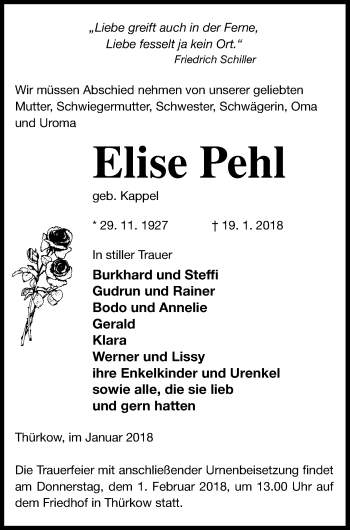 Traueranzeige von Elise Pehl von Mecklenburger Schweiz