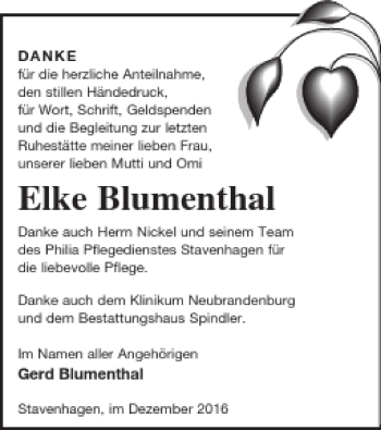 Traueranzeige von Elke Blumenthal von Mecklenburger Schweiz