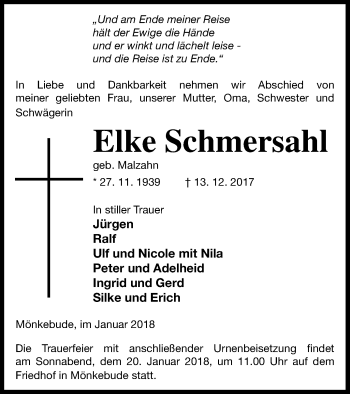 Traueranzeige von Elke Schmersahl von Haff-Zeitung