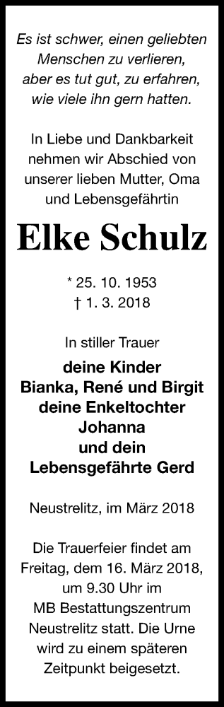 Traueranzeige von Elke Schulz von Strelitzer Zeitung