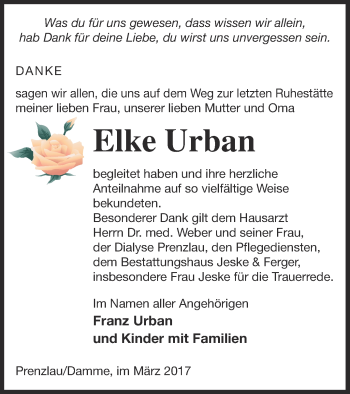 Traueranzeige von Elke Urban von Prenzlauer Zeitung