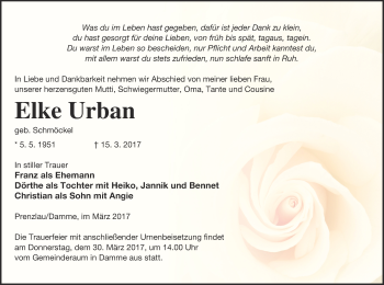 Traueranzeige von Elke Urban von Prenzlauer Zeitung