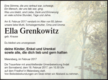 Traueranzeige von Ella Grenkowitz von Haff-Zeitung