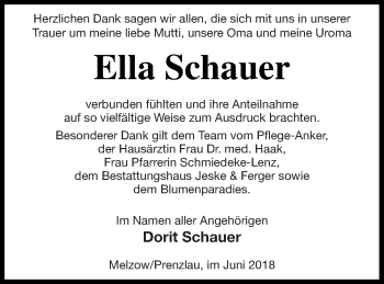 Traueranzeige von Ella Schauer von Prenzlauer Zeitung