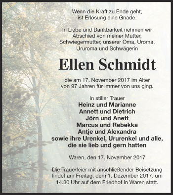 Traueranzeige von Ellen Schmidt von Müritz-Zeitung