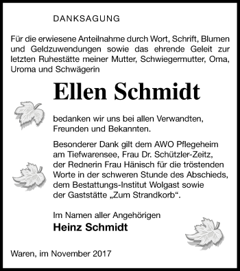 Traueranzeige von Ellen Schmidt von Müritz-Zeitung