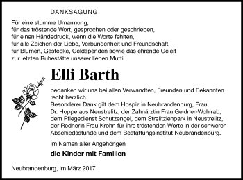 Traueranzeige von Elli Barth von Neubrandenburger Zeitung