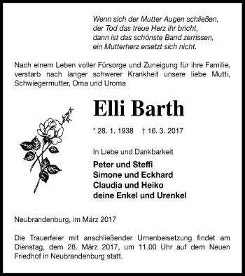 Traueranzeige von Elli Barth von Neubrandenburger Zeitung