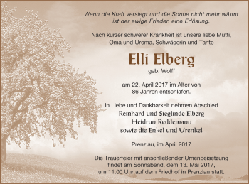 Traueranzeige von Elli Elberg von Demminer Zeitung