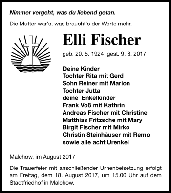 Traueranzeige von Elli Fischer von Müritz-Zeitung