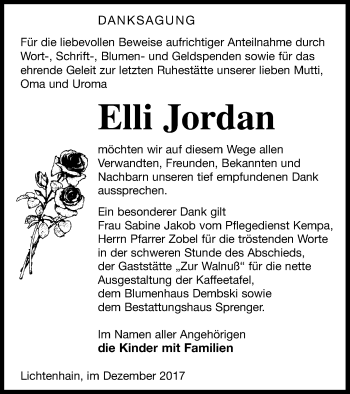 Traueranzeige von Elli Jordan von Templiner Zeitung