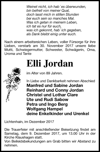 Traueranzeige von Elli Jordan von Templiner Zeitung