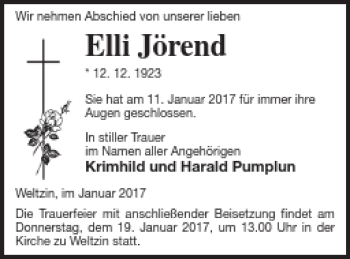 Traueranzeige von Elli Jörend von Neubrandenburger Zeitung