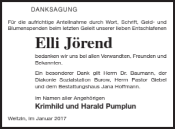 Traueranzeige von Elli Jörend von Neubrandenburger Zeitung